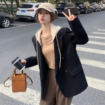 Ψεύτικο κοστούμι δύο κομματιών με κουκούλα Γυναικείο παλτό 2022 Νέο φθινοπωρινό κορεατικό φαρδύ μακρυμάνικο Casual Wild Office Blazer Μπουφάν γυναικείο outwear