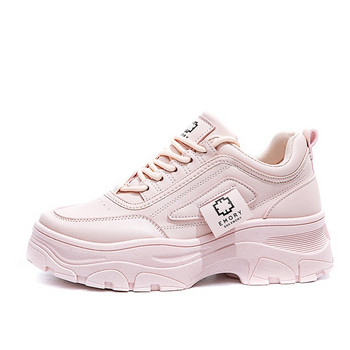 Ανοιξιάτικα δερμάτινα ροζ πάνινα παπούτσια με χοντρή σόλα Γυναικεία αθλητικά παπούτσια για γυναίκες με κορδόνια για περπάτημα σε εξωτερικούς χώρους