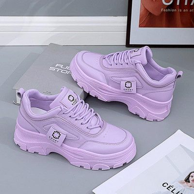 Ανοιξιάτικα δερμάτινα ροζ πάνινα παπούτσια με χοντρή σόλα Γυναικεία αθλητικά παπούτσια για γυναίκες με κορδόνια για περπάτημα σε εξωτερικούς χώρους