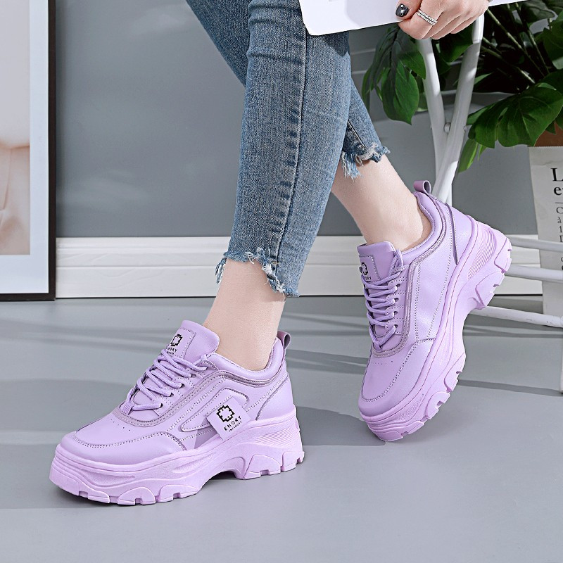 Ανοιξιάτικα δερμάτινα ροζ πάνινα παπούτσια με χοντρή σόλα Γυναικεία αθλητικά παπούτσια για γυναίκες με κορδόνια για περπάτημα σε εξωτερικούς χώρους