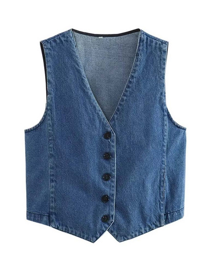 Γυναικεία τζιν γιλέκα TRAF Μόδα μπλούζες με τζιν μπροστινό κουμπί Vintage αμάνικα streetwear casual γυναικεία κομψά γιλέκα