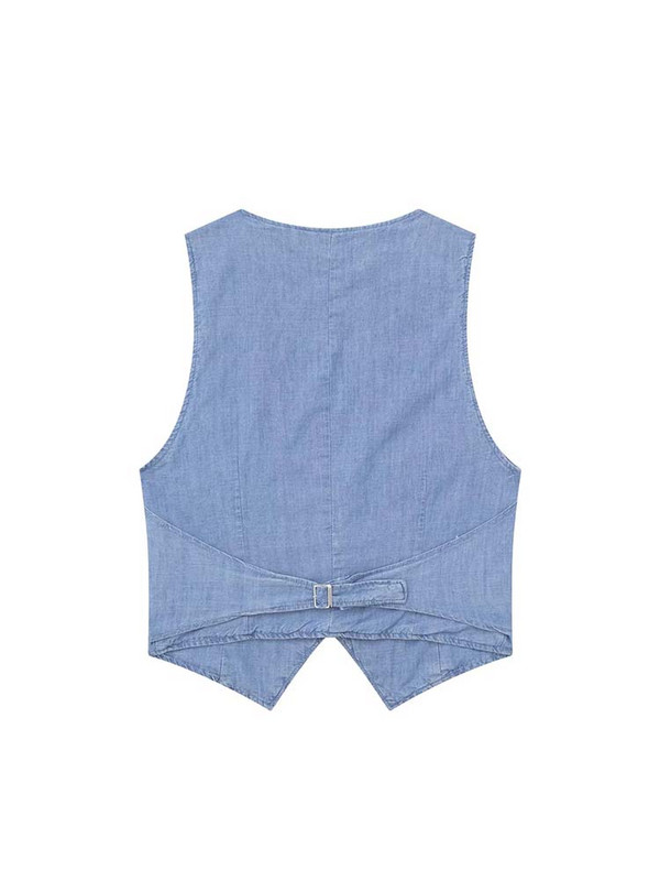 TRAF 2023 m. Nauja džinsinė ilga liemenė, moteriška, berankove moteriška liemenė, skirta vasarinei striukei su sagutėmis, Moteriška gatvės apranga, liekninančia liemene, moteriška