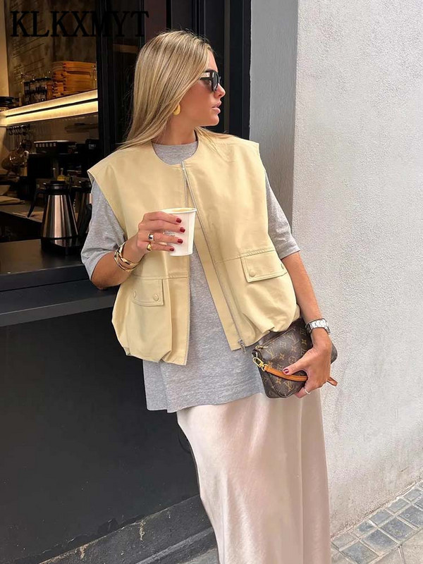 TRAF 2023 Νέο Cropped Γιλέκο για Γυναικείο Αμάνικο Σακάκι Γυναικείο Ruched φθινοπωρινό καθημερινό γιλέκο Γυναικείο γιλέκο streetwear Γυναικείο γιλέκο