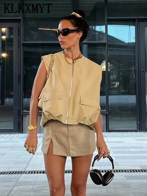 TRAF 2023 Νέο Cropped Γιλέκο για Γυναικείο Αμάνικο Σακάκι Γυναικείο Ruched φθινοπωρινό καθημερινό γιλέκο Γυναικείο γιλέκο streetwear Γυναικείο γιλέκο