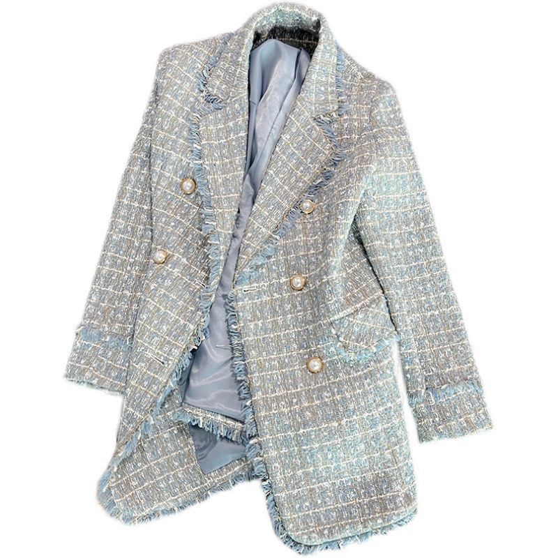 Μόδα χοντρό τουίντ κοστούμι γυναικείο σακάκι φθινόπωρο 2023 Νέο μακρυμάνικο διπλό στήθος φαρδύ μάλλινο παλτό γυναικείο πανωφόρι