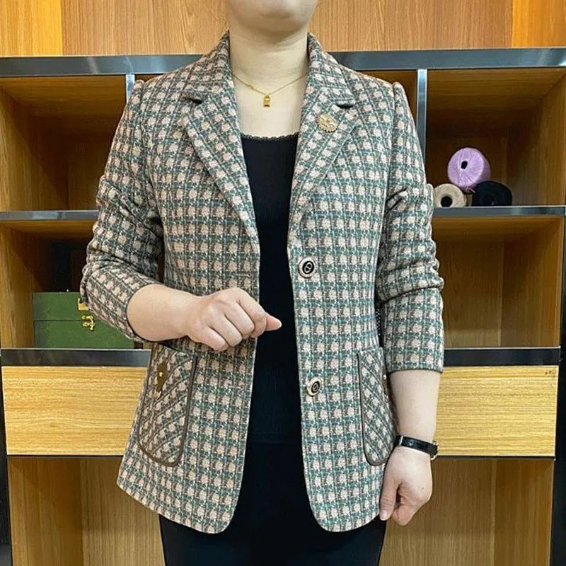 Sredovječni i stariji ženski sako, nova jesenska moda 2023., karirani, ležerni široki sakoi dugih rukava, jakne, žensko odijelo, kaputi