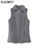 TRAF 2023 Πλεκτά Αμάνικα Γιλέκα Γυναικεία Μόδα με Φερμουάρ Γυναικείο Γιλέκο Παλτό Φθινοπωρινό γυναικείο γιλέκο Κομψά μπλουζάκια