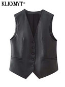 KLKXMYT TRAF 2023 Γυναικεία γιλέκα από ψεύτικο δέρμα Αμάνικο μπουφάν Γυναικείο γιλέκο Φθινοπωρινό γιλέκο Γυναικείο γιλέκο με βασικό κουμπί