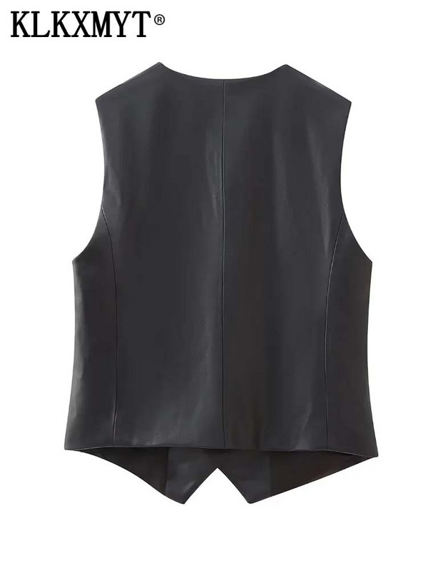 KLKXMYT TRAF 2023 Γυναικεία γιλέκα από ψεύτικο δέρμα Αμάνικο μπουφάν Γυναικείο γιλέκο Φθινοπωρινό γιλέκο Γυναικείο γιλέκο με βασικό κουμπί