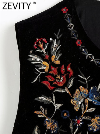 Zevity Γυναικείες vintage παγιέτες με λουλούδια γιλέκο Γυναικείο μπουφάν National Style Patchwork Casual Velvet Waist Coat Tops CT2978