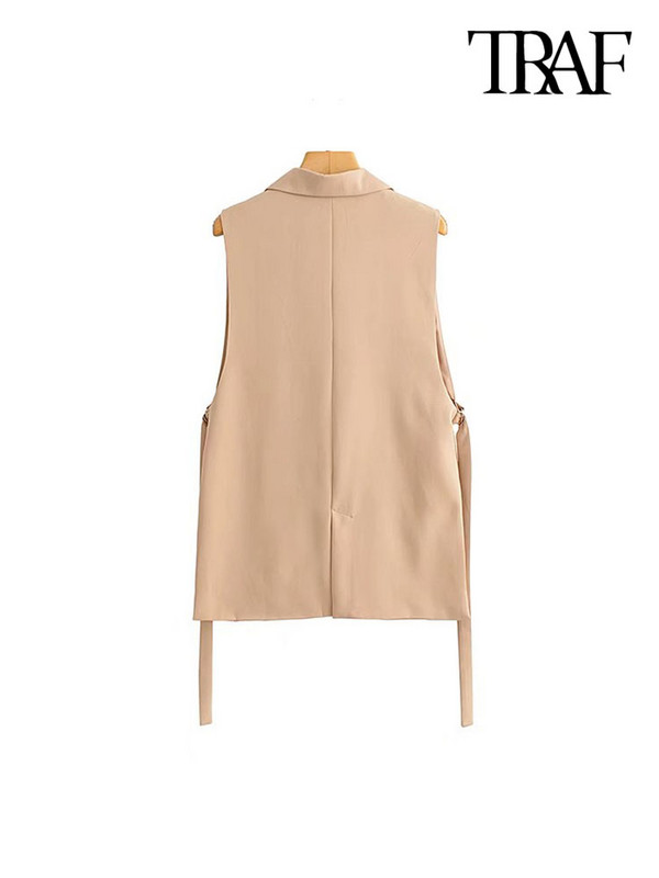 Γυναικεία μόδα TRAF με βρύσες στο πλάι Γιλέκο Vintage αμάνικο μπροστινό κουμπί Γυναικεία πανωφόρια Κομψά φανελάκια