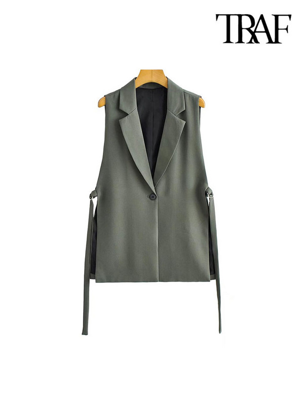 Γυναικεία μόδα TRAF με βρύσες στο πλάι Γιλέκο Vintage αμάνικο μπροστινό κουμπί Γυναικεία πανωφόρια Κομψά φανελάκια