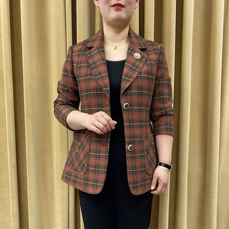 Γυναικείο σακάκι μέσης ηλικίας Mother`s 2023 Νέα φθινοπωρινή μόδα μακρυμάνικο καρό κοντό casual loose τζάκετ μπλέιζερ Γυναικείο τοπ