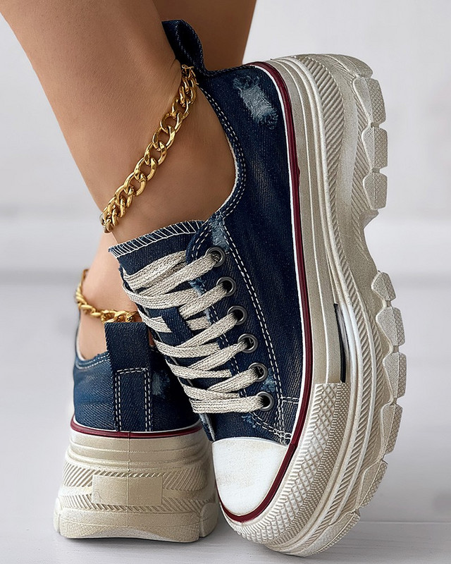 Παπούτσι με χοντρές σόλες με ψηλό πάνω μέρος από καμβά 2023 Άνοιξη All-match Χαμηλό πάνω, στρογγυλή κεφαλή Επίπεδα πάνινα παπούτσια Γυναικεία πλατφόρμα με κορδόνια Pantuflas Mujeres