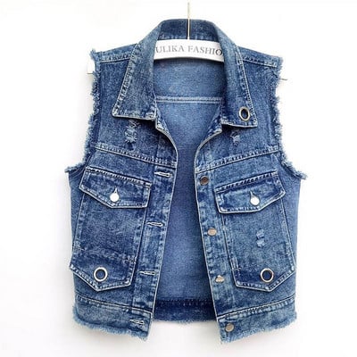 Denim Vest Naiste 2023 Uus Korea Hole Teksad Jope Vestid Üherealised varrukateta Lühike jope Ülerõivad Naiste topid 4XL