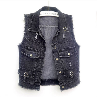 Τζιν γιλέκο Γυναικείο 2023Νέο κορεατικό τζιν τζιν γιλέκα μονό στήθος κοντό αμάνικο σακάκι Εξωτερικά γυναικεία μπλουζάκια 4XL