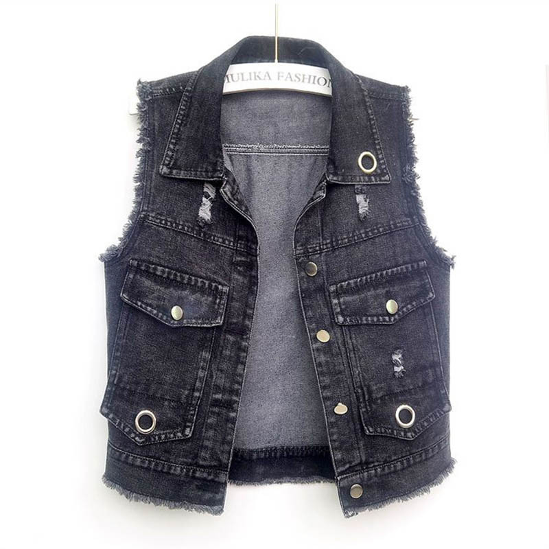 Τζιν γιλέκο Γυναικείο 2023Νέο κορεατικό τζιν τζιν γιλέκα μονό στήθος κοντό αμάνικο σακάκι Εξωτερικά γυναικεία μπλουζάκια 4XL