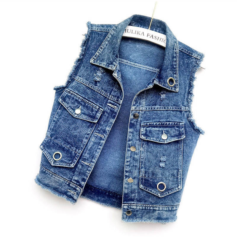Τζιν γιλέκο Γυναικείο 2023Νέο κορεατικό τζιν τζιν γιλέκα μονό στήθος κοντό αμάνικο σακάκι Εξωτερικά γυναικεία μπλουζάκια 4XL