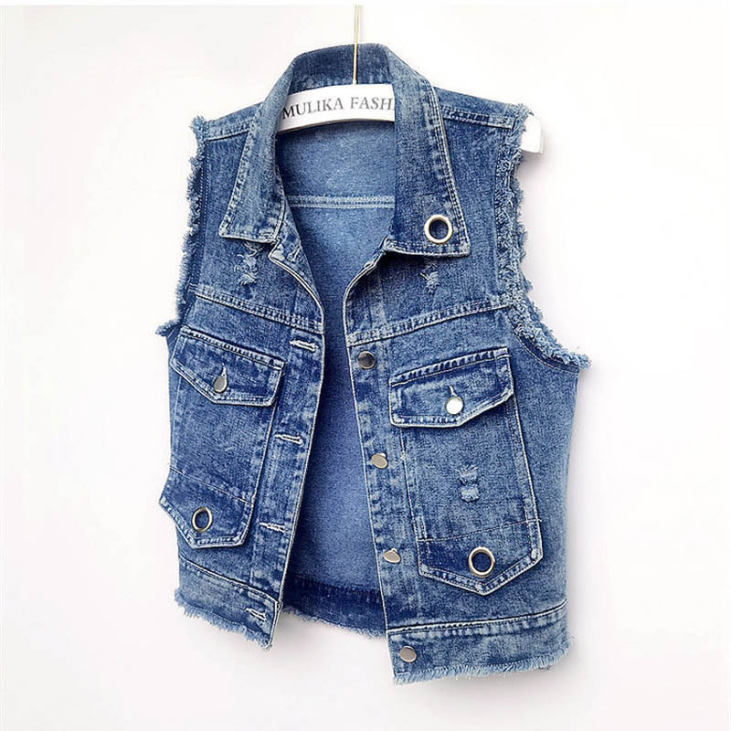 Τζιν γιλέκο Γυναικείο 2023Νέο κορεατικό τζιν τζιν γιλέκα μονό στήθος κοντό αμάνικο σακάκι Εξωτερικά γυναικεία μπλουζάκια 4XL