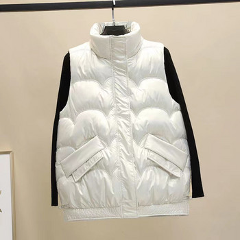 Χειμερινό γιλέκο 2023 Γυναικείο γιλέκο με βαμβακερό γυαλιστερό γιακά αμάνικο γιλέκο Χειμερινό τζάκετ με φερμουάρ Γυναικείο παλτό