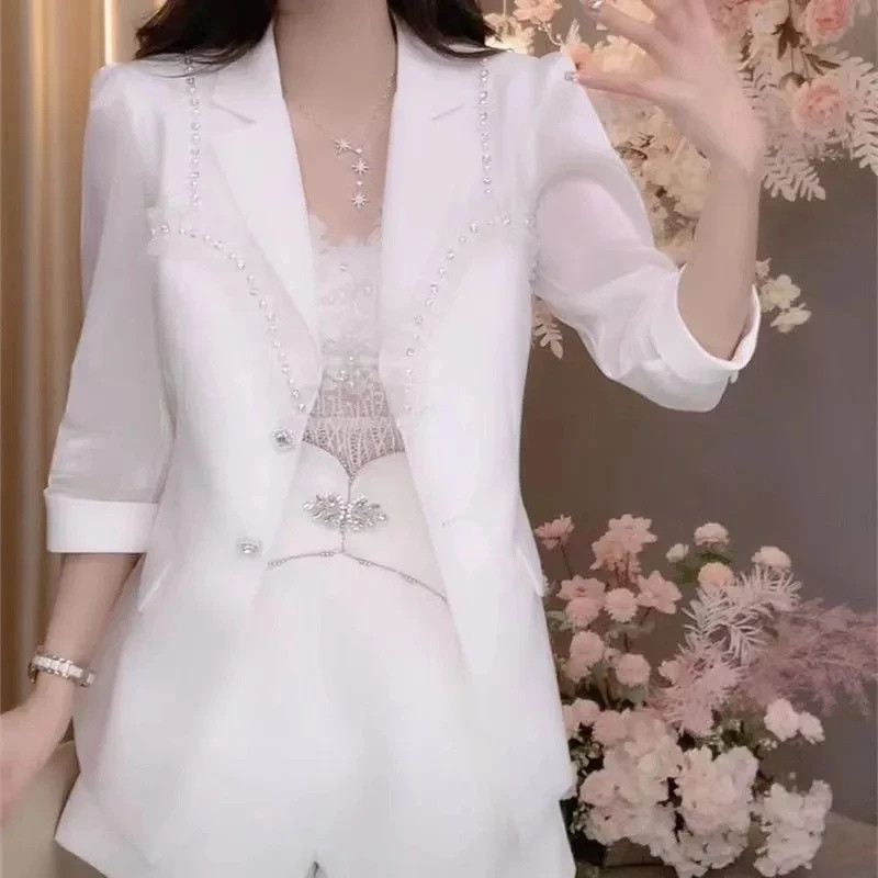 2023 Νέο καλοκαιρινό γυναικείο κορεάτικο σακάκι γραφείου κοστούμι εργασίας Γυναικεία μπουφάν Γυναικεία λεπτή χάντρα για νύχια με μανίκια τριών τετάρτων Casual Top Γυναικείο