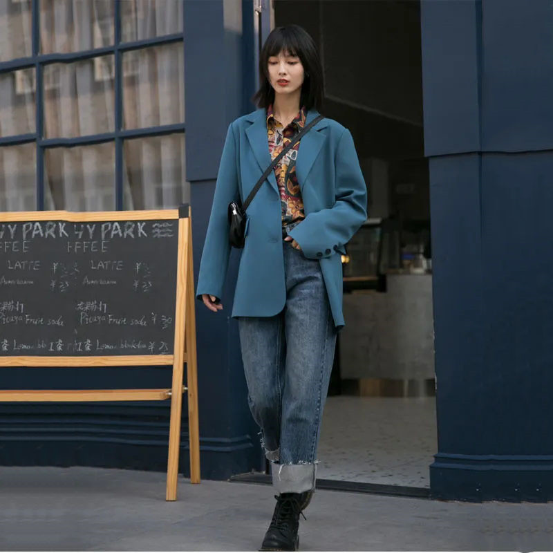 2023. aasta uus bleiserjakk, naiste kevad-sügismood, üherealine sinine kontoris vabaaja pikkade varrukatega ülikonnamantel, naiste välirõivaste topp