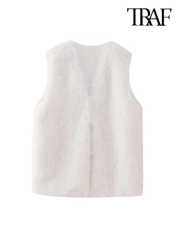 TRAF Γυναικεία μόδα Soft Touch ψεύτικη γούνα γιλέκο Vintage V λαιμόκοψη Αμάνικα γυναικεία πανωφόρια Κομψά φανελάκια