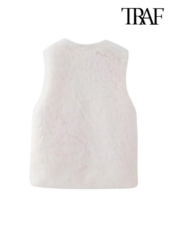 TRAF Γυναικεία μόδα Soft Touch ψεύτικη γούνα γιλέκο Vintage V λαιμόκοψη Αμάνικα γυναικεία πανωφόρια Κομψά φανελάκια