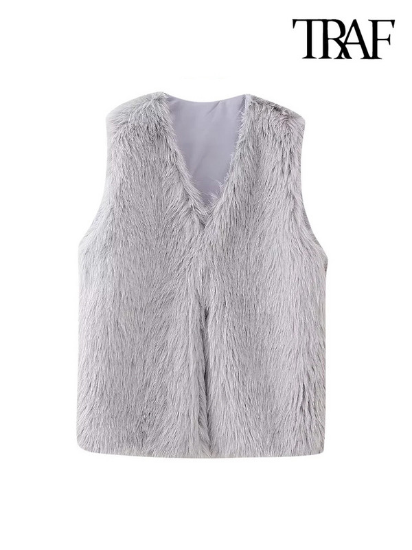 TRAF Γυναικεία μόδα Soft Touch ψεύτικη γούνα γιλέκο Vintage V λαιμόκοψη Αμάνικα γυναικεία πανωφόρια Κομψά φανελάκια