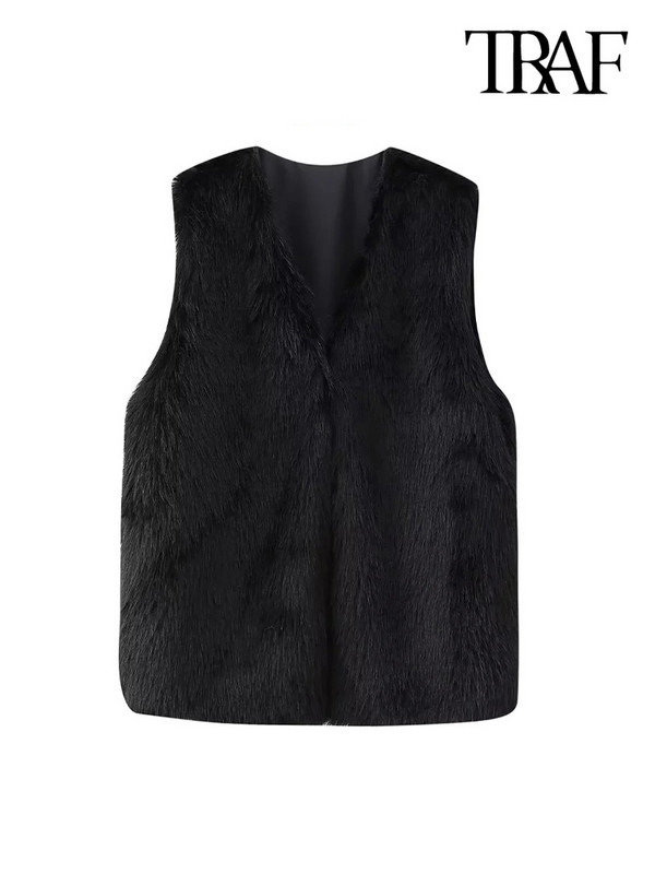 TRAF Γυναικεία μόδα Soft Touch ψεύτικη γούνα γιλέκο Vintage V λαιμόκοψη Αμάνικα γυναικεία πανωφόρια Κομψά φανελάκια