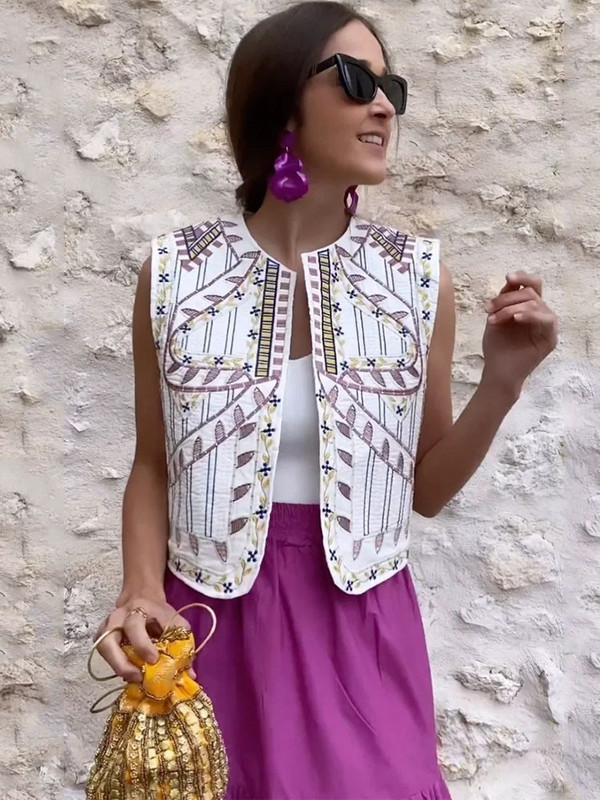 Vintage κεντημένα εμπριμέ γιλέκα για γυναίκες casual αμάνικο γιλέκο 2023 Καλοκαιρινή μόδα Γυναικεία Top Cardigan High Street