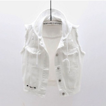 Γυναικείο λευκό κορδόνι τζιν κοντό γιλέκο Casual Boyfriend τζιν Εξωτερικό αμάνικο ρετρό αφαιρούμενο παλτό με κουκούλα γιλέκο