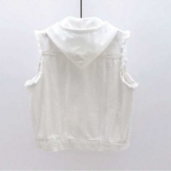 Γυναικείο λευκό κορδόνι τζιν κοντό γιλέκο Casual Boyfriend τζιν Εξωτερικό αμάνικο ρετρό αφαιρούμενο παλτό με κουκούλα γιλέκο