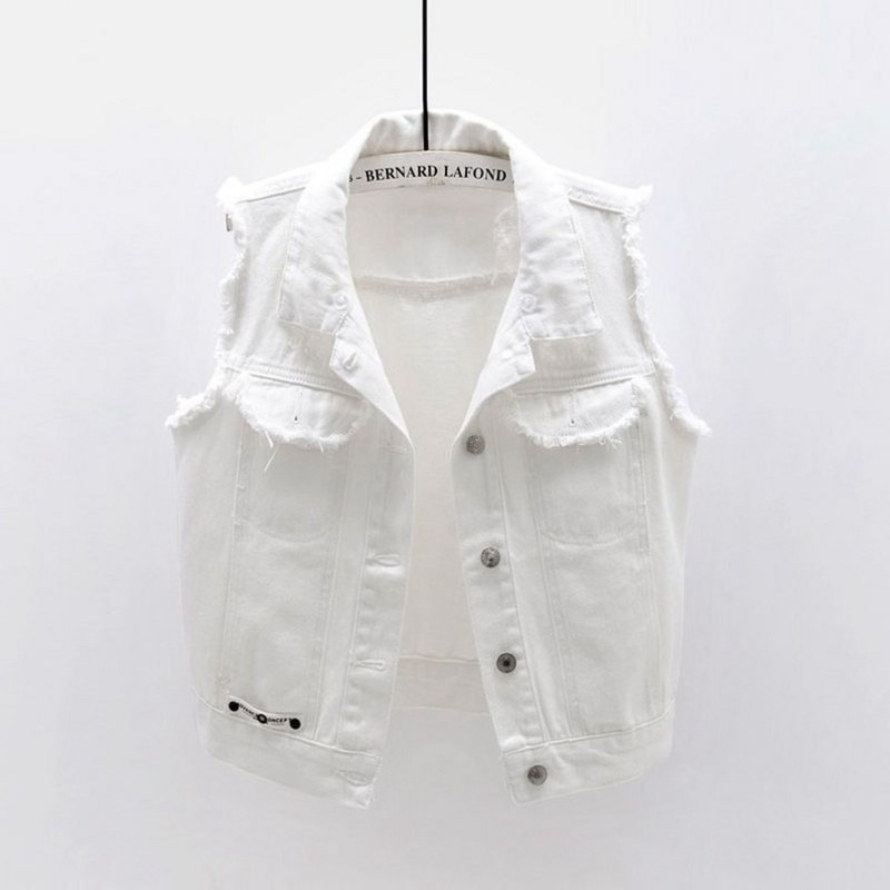 Γυναικείο λευκό κορδόνι τζιν κοντό γιλέκο Casual Boyfriend τζιν Εξωτερικό αμάνικο ρετρό αφαιρούμενο παλτό με κουκούλα γιλέκο