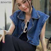 Τζιν γιλέκα Γυναικεία γιλέκα Cropped Ρούχα με διπλό στήθος εφηβικά Unisex Streetwear Σχέδιο American Sleeveless Hipster Vintage