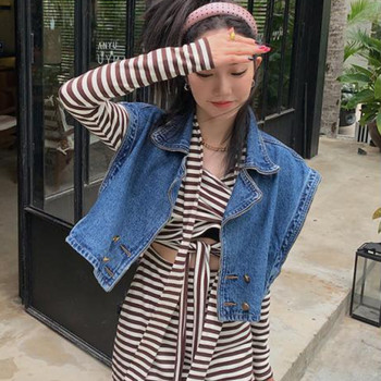Τζιν γιλέκα Γυναικεία γιλέκα Cropped Ρούχα με διπλό στήθος εφηβικά Unisex Streetwear Σχέδιο American Sleeveless Hipster Vintage