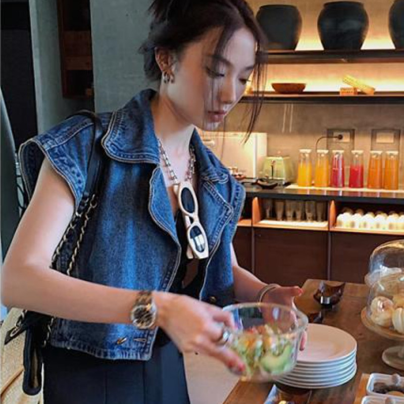 Τζιν γιλέκα Γυναικεία γιλέκα Cropped Ρούχα με διπλό στήθος εφηβικά Unisex Streetwear Σχέδιο American Sleeveless Hipster Vintage