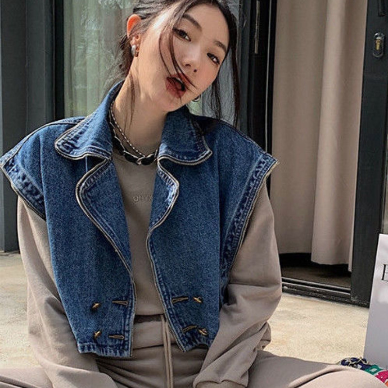 Τζιν γιλέκα Γυναικεία γιλέκα Cropped Ρούχα με διπλό στήθος εφηβικά Unisex Streetwear Σχέδιο American Sleeveless Hipster Vintage