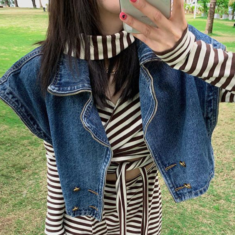 Τζιν γιλέκα Γυναικεία γιλέκα Cropped Ρούχα με διπλό στήθος εφηβικά Unisex Streetwear Σχέδιο American Sleeveless Hipster Vintage