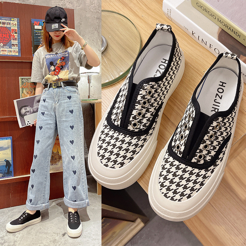 Γυναικεία ανοιξιάτικα καλοκαιρινά πάνινα παπούτσια Νέα τετράγωνα δάχτυλα λεοπάρ τύπωμα καμβά παπούτσια Γυναικεία βουλκανισμένα αθλητικά παπούτσια Houndstooth sneaker Zebra