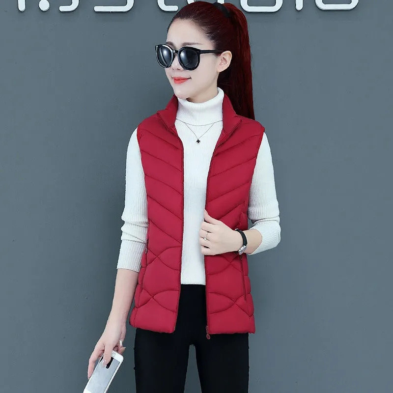 Tugev lühike vest naistele Puuvillane polsterdatud varrukateta talvejope Tõmblukuga krae vabaaja mantlid Naiste ülerõivad