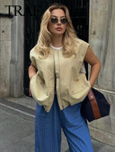 TRAF Γυναικείο φθινοπωρινό ρουσφέτι στρίφωμα Cropped Tank Top Fashion Patch Τσέπη με φερμουάρ Αμάνικο βαμβακερό μπουφάν Φαρδύ γυναικείο παλτό