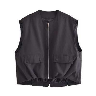 TRAF Γυναικείο φθινοπωρινό ρουσφέτι στρίφωμα Cropped Tank Top Fashion Patch Τσέπη με φερμουάρ Αμάνικο βαμβακερό μπουφάν Φαρδύ γυναικείο παλτό