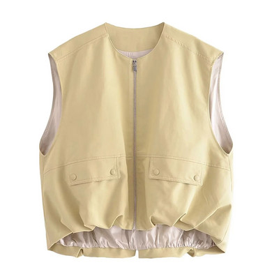 TRAF Γυναικείο φθινοπωρινό ρουσφέτι στρίφωμα Cropped Tank Top Fashion Patch Τσέπη με φερμουάρ Αμάνικο βαμβακερό μπουφάν Φαρδύ γυναικείο παλτό