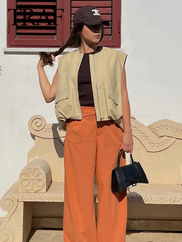 TRAF Γυναικείο φθινοπωρινό ρουσφέτι στρίφωμα Cropped Tank Top Fashion Patch Τσέπη με φερμουάρ Αμάνικο βαμβακερό μπουφάν Φαρδύ γυναικείο παλτό