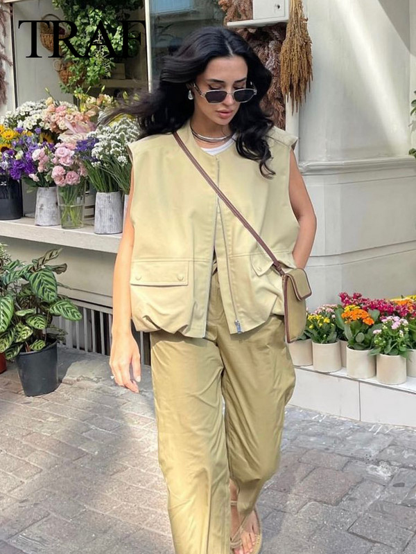 TRAF Γυναικείο φθινοπωρινό ρουσφέτι στρίφωμα Cropped Tank Top Fashion Patch Τσέπη με φερμουάρ Αμάνικο βαμβακερό μπουφάν Φαρδύ γυναικείο παλτό