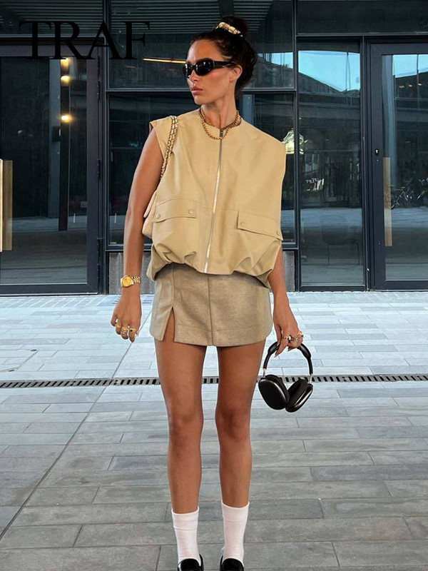 TRAF Γυναικείο φθινοπωρινό ρουσφέτι στρίφωμα Cropped Tank Top Fashion Patch Τσέπη με φερμουάρ Αμάνικο βαμβακερό μπουφάν Φαρδύ γυναικείο παλτό