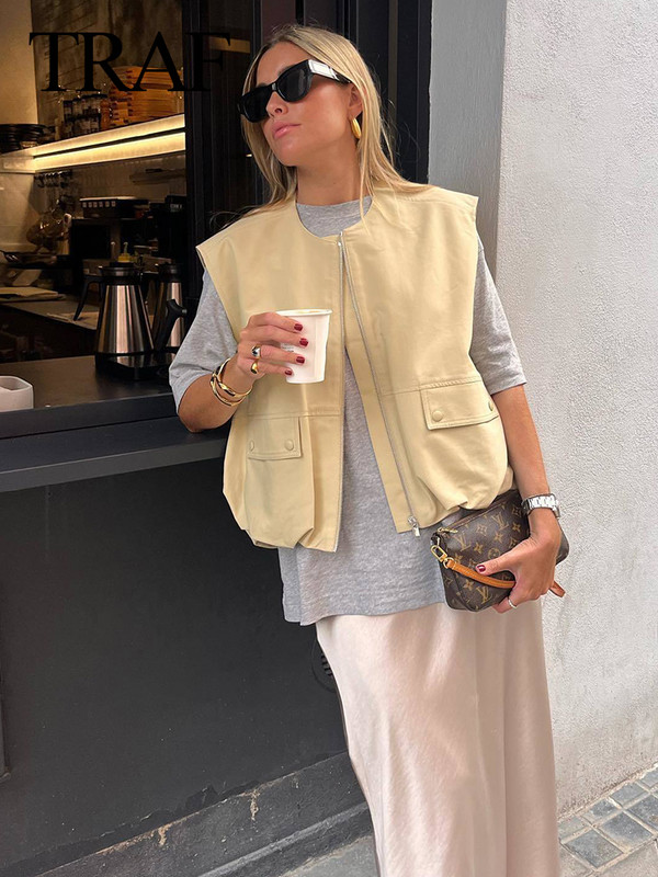 TRAF Γυναικείο φθινοπωρινό ρουσφέτι στρίφωμα Cropped Tank Top Fashion Patch Τσέπη με φερμουάρ Αμάνικο βαμβακερό μπουφάν Φαρδύ γυναικείο παλτό