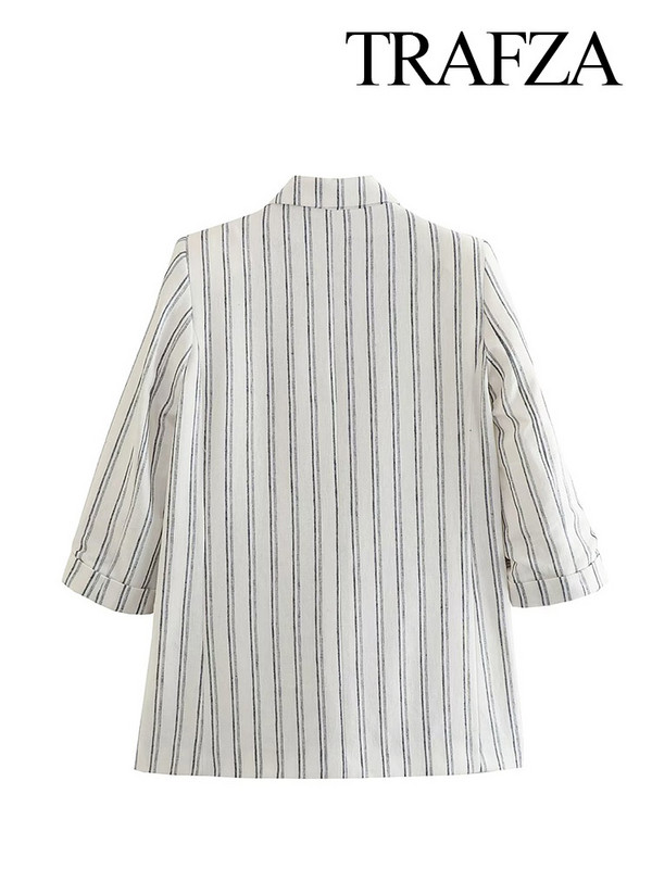Γυναικεία TRAFZA 2023 Άνοιξη Φθινόπωρο Μόδα V-λαιμόκοψη ριγέ μακρυμάνικο με τσέπες Κοστούμι γυναικείο ριχτό παλτό