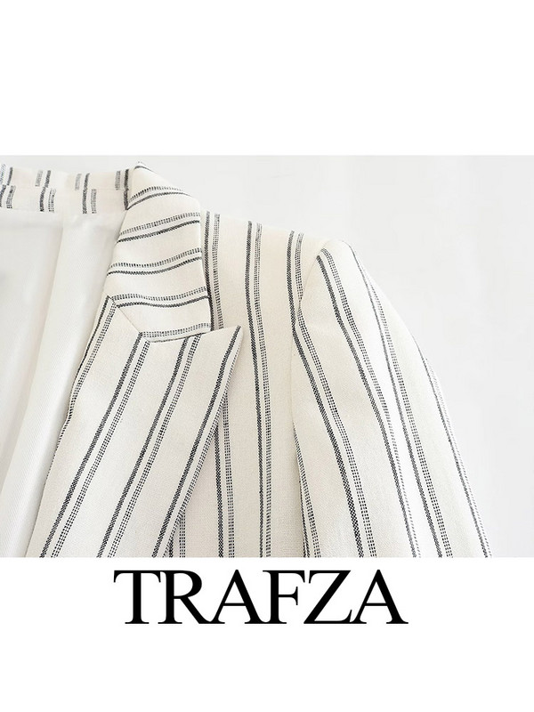 Γυναικεία TRAFZA 2023 Άνοιξη Φθινόπωρο Μόδα V-λαιμόκοψη ριγέ μακρυμάνικο με τσέπες Κοστούμι γυναικείο ριχτό παλτό